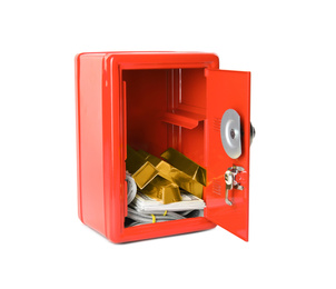 Photo of Open steel safe with money and gold bars isolated on white