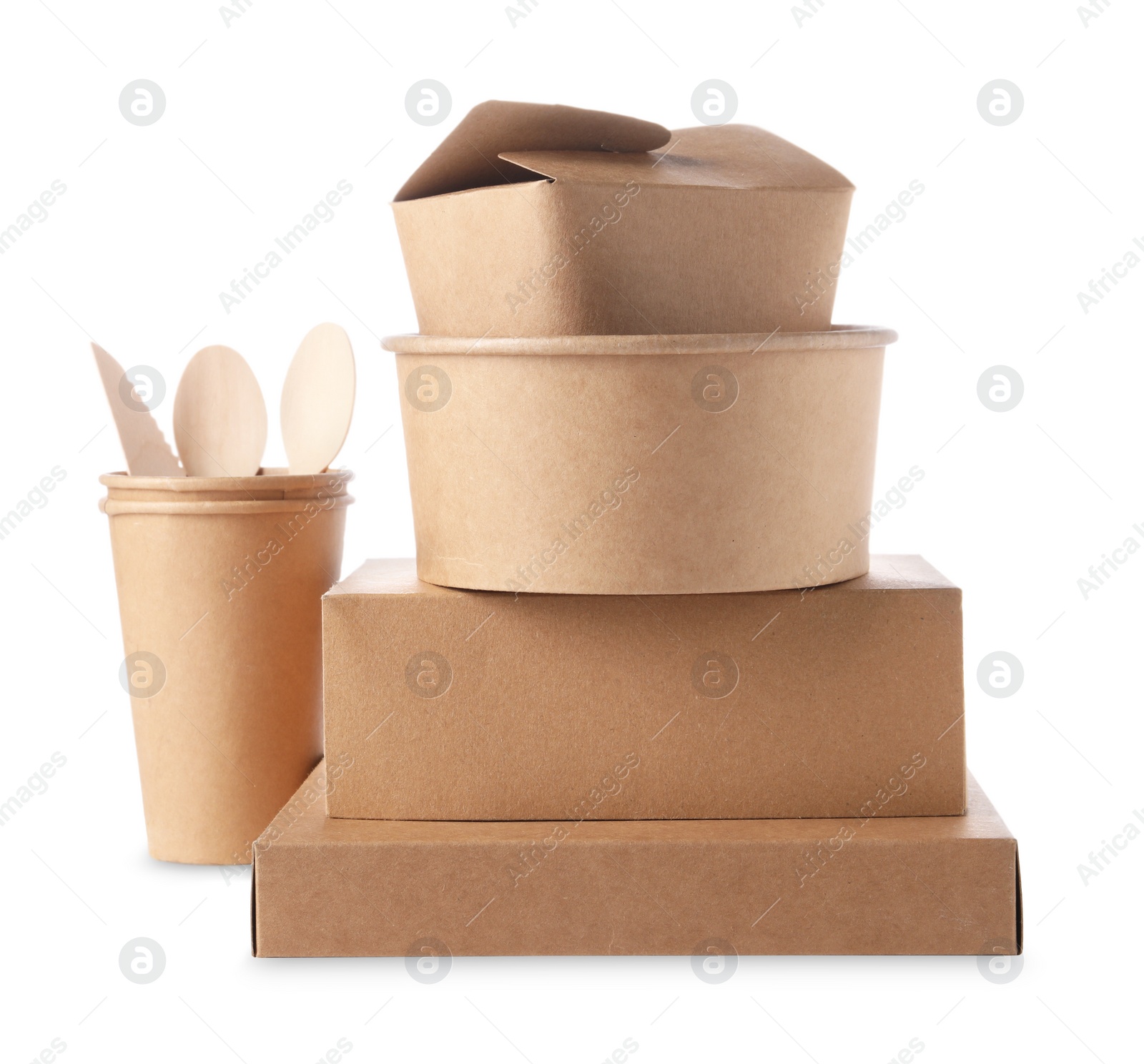 Photo of Eco friendly food packagings and wooden cutlery isolated on white