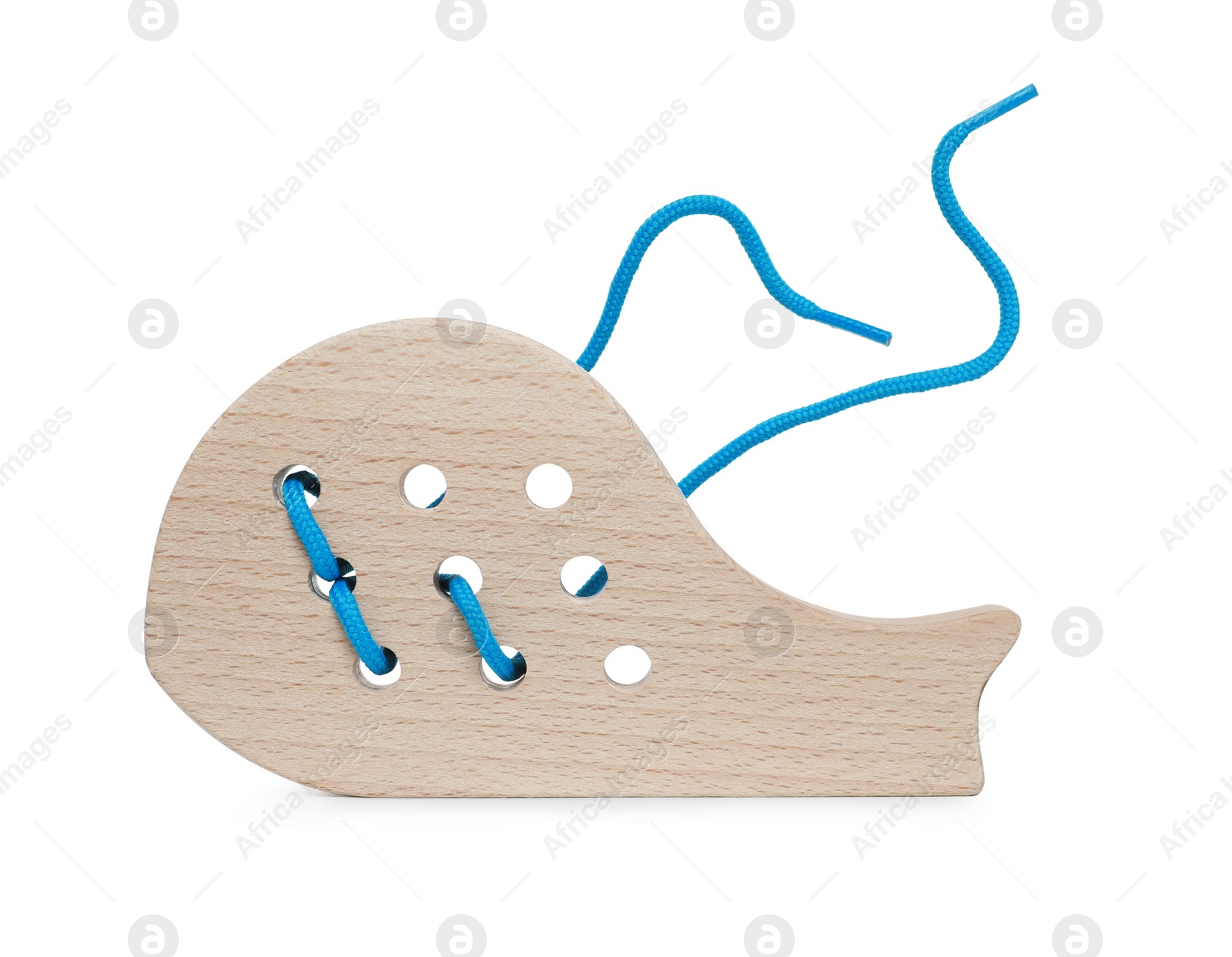 Photo of Wooden whale figure with holes and lace isolated on white. Educational toy for motor skills development