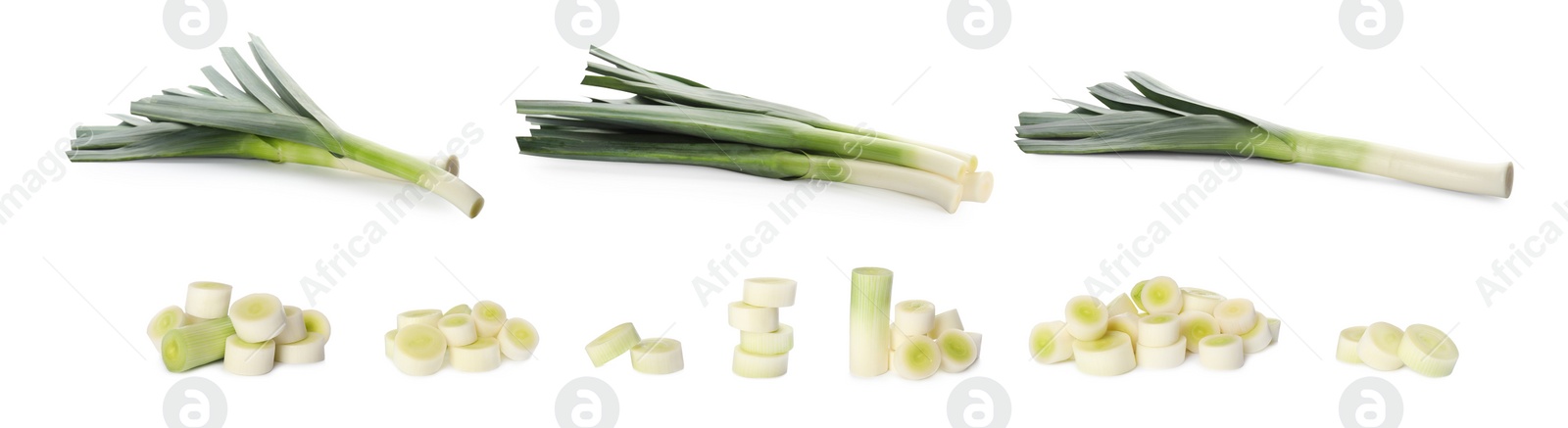 Image of Set with fresh raw leeks on white background. Banner design