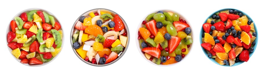 Fruit salad, collection. Mixed fresh berries and fruits isolated on white, top view