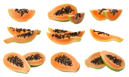 Set with fresh ripe papaya fruits on white background