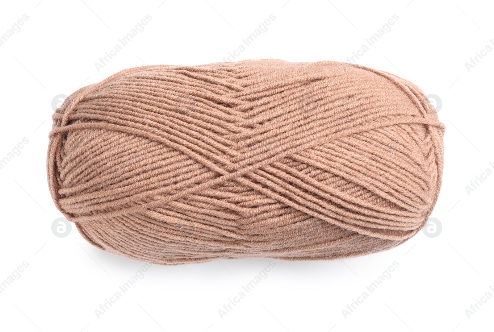 Photo of Brown woolen yarn isolated on white, top view