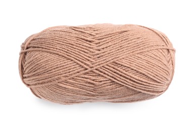 Photo of Brown woolen yarn isolated on white, top view
