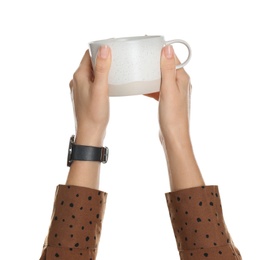 Photo of Woman holding elegant cup on white background, closeup