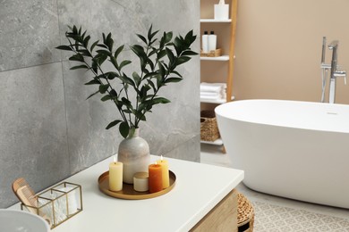 Photo of Beautiful plant in vase and burning candles near on bathroom vanity