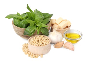 Photo of Different ingredients for cooking tasty pesto sauce isolated on white