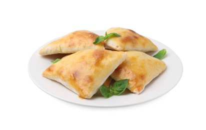 Photo of Delicious samosas and basil isolated on white