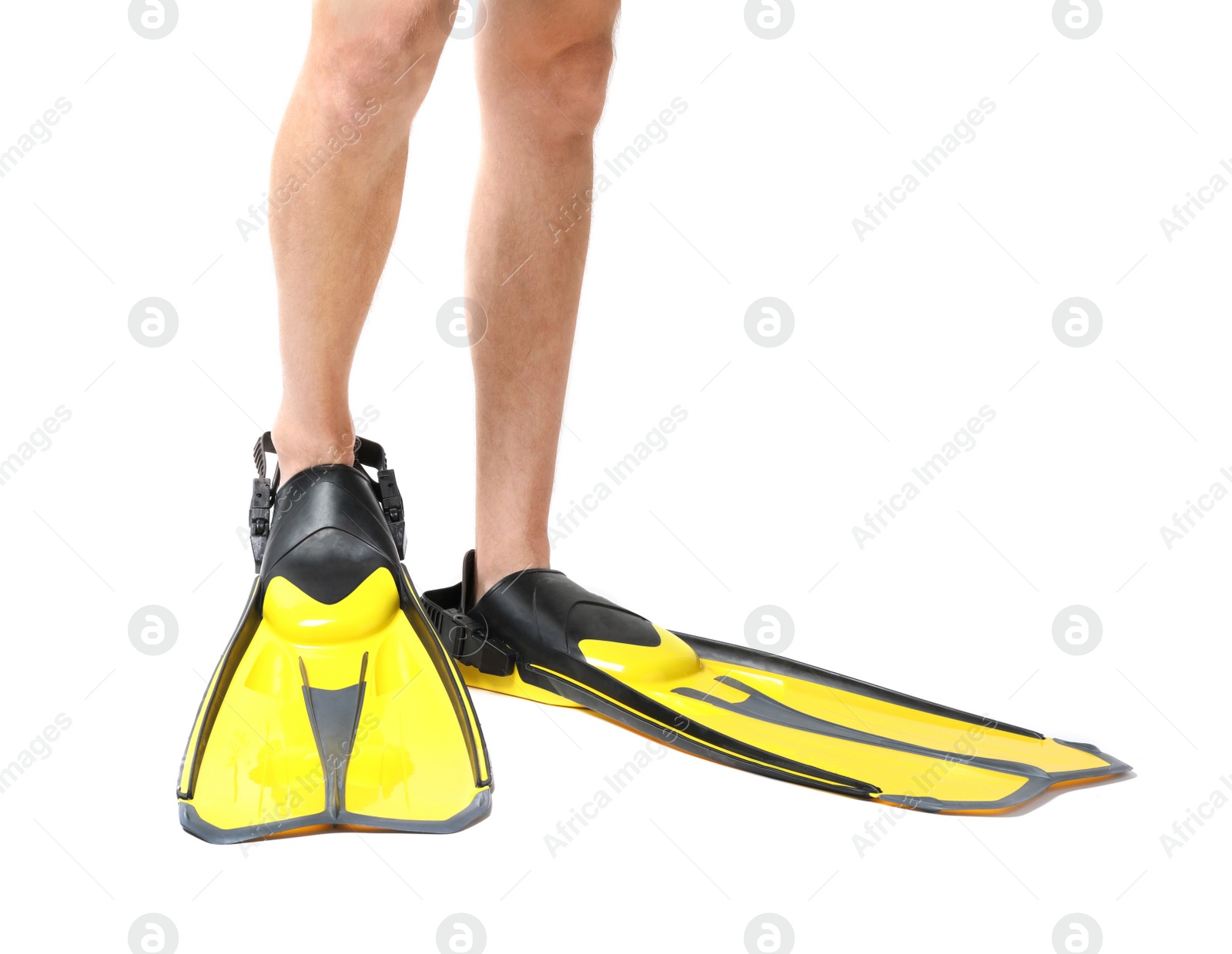 Photo of Man wearing yellow flippers on white background, closeup