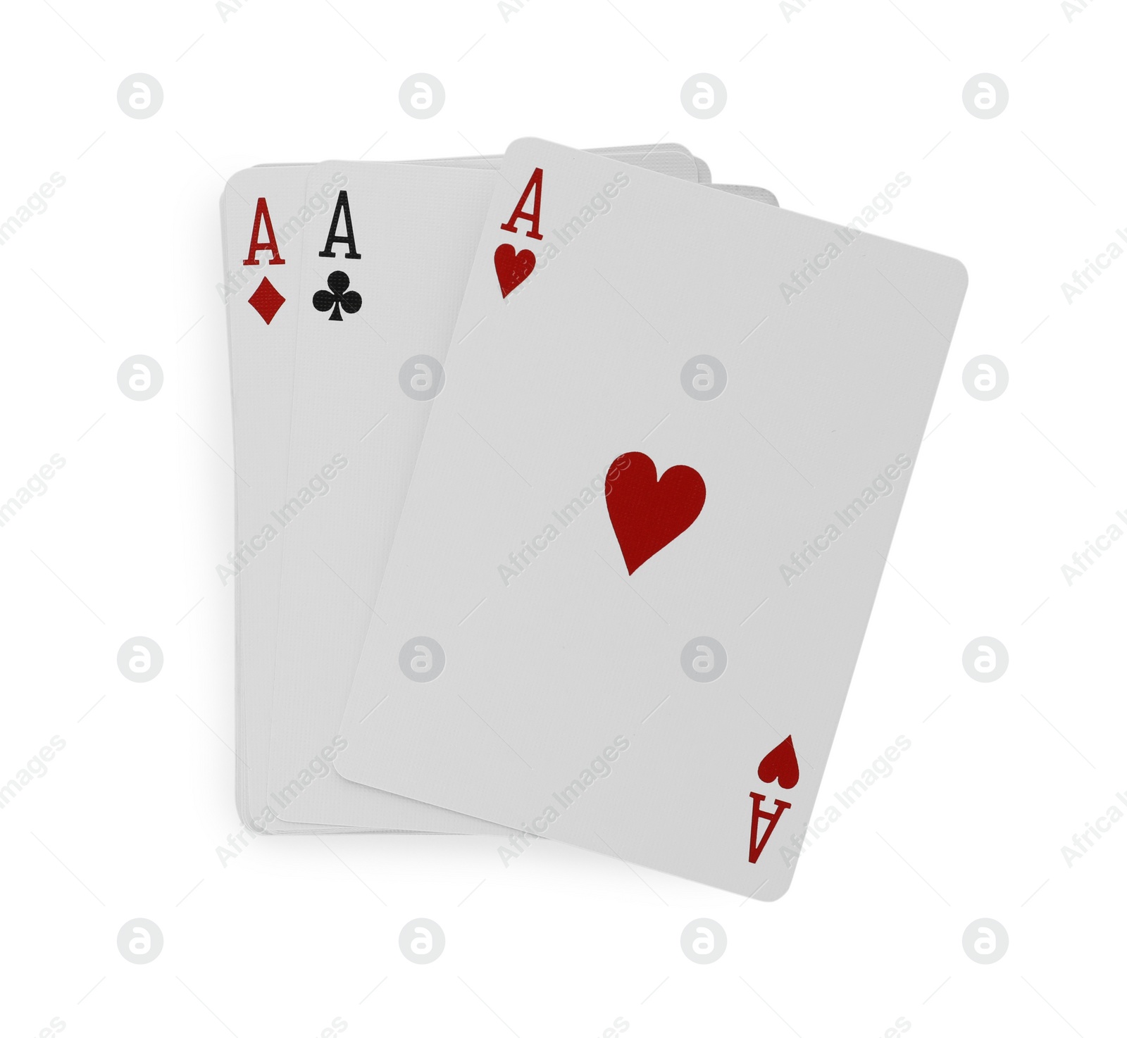 Photo of Deck of playing cards isolated on white, top view. Poker game