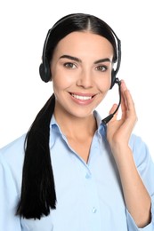 Photo of Beautiful young consulting manager with headset on white background