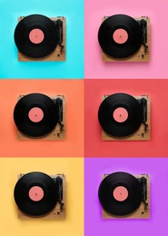 Image of Collage of turntables with vinyl records on different color backgrounds, top view