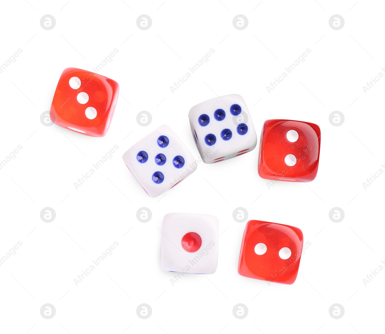 Photo of Many color game dices isolated on white, top view