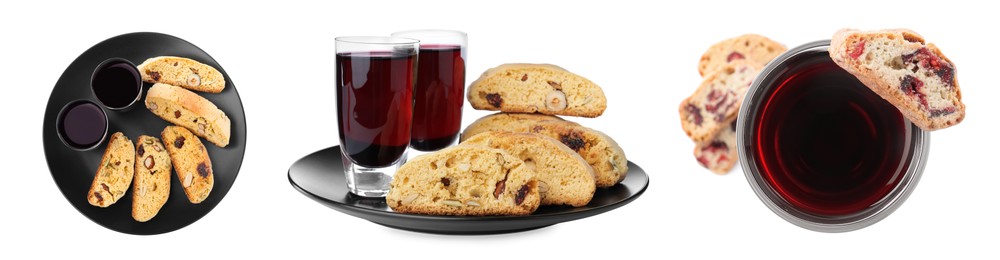 Image of Set with tasty cantucci and glasses of liqueur on white background, banner design. Traditional Italian biscuits