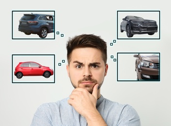 Car buying. Man choosing auto on light background