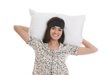 Photo of Beautiful woman with pillow on white background. Bedtime