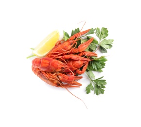 Photo of Delicious boiled crayfishes with lemon and parsley isolated on white, top view