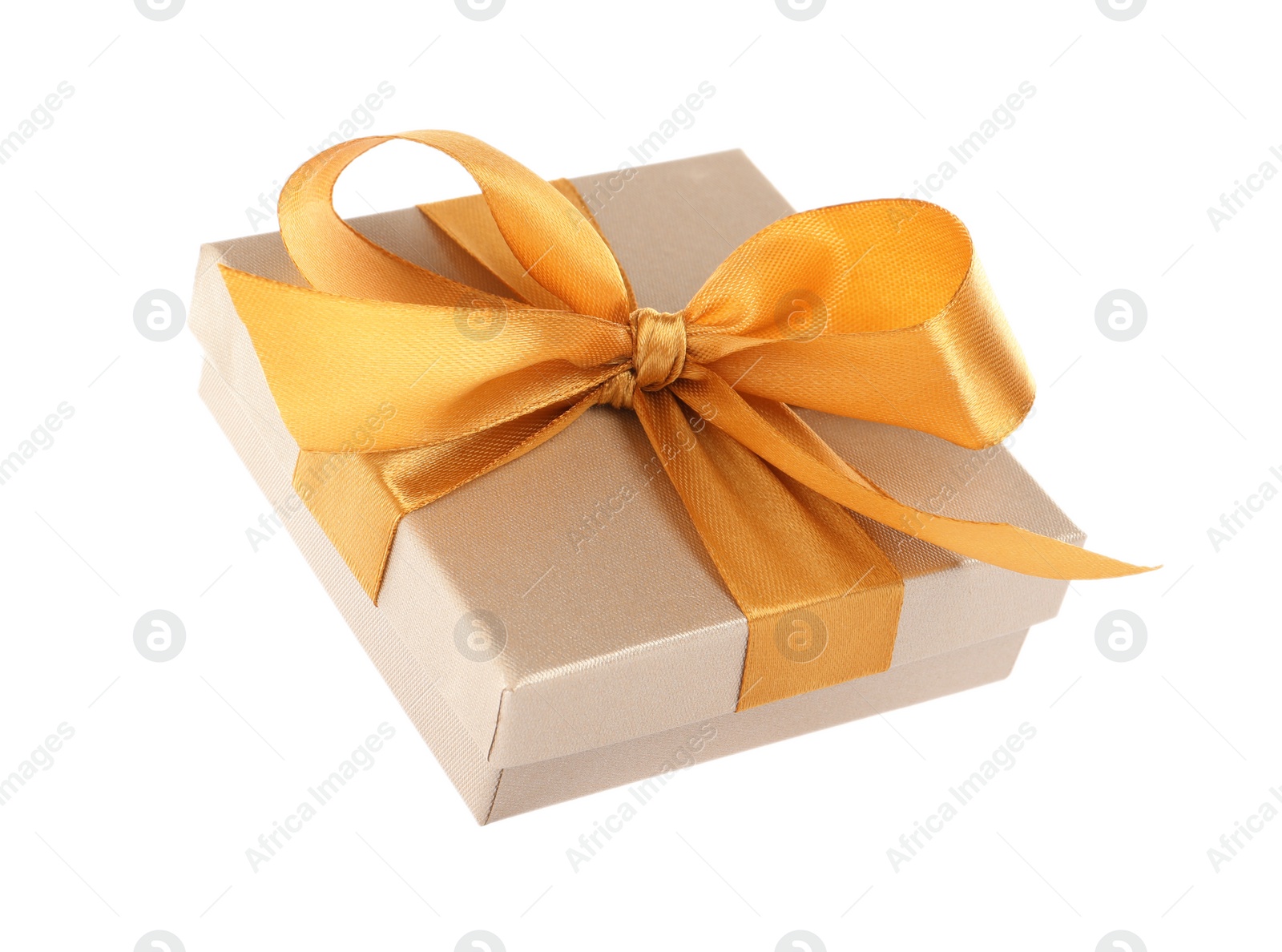 Photo of Beautiful gift box with golden ribbon and bow on white background