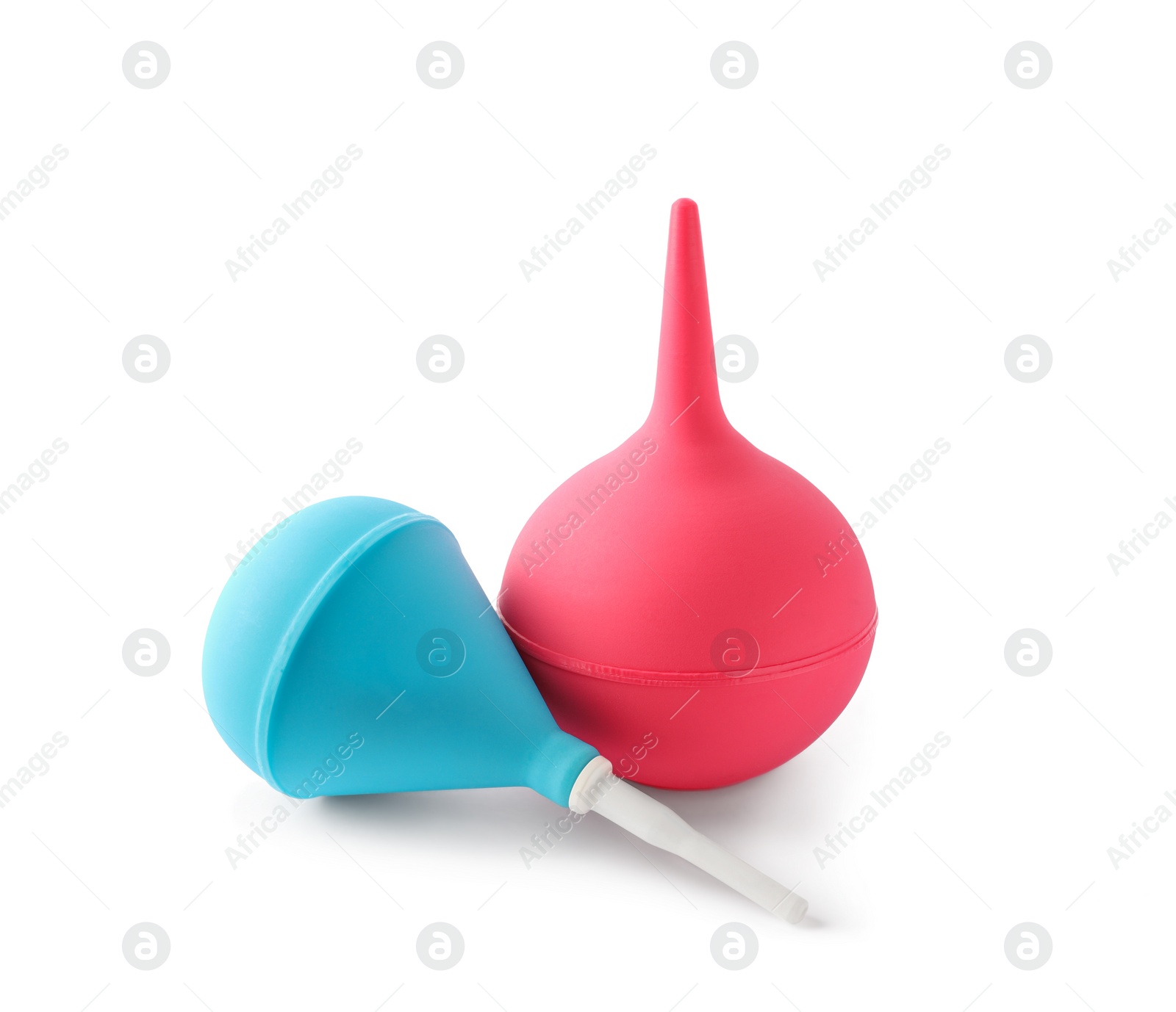 Photo of Different enemas on white background. Medical treatment