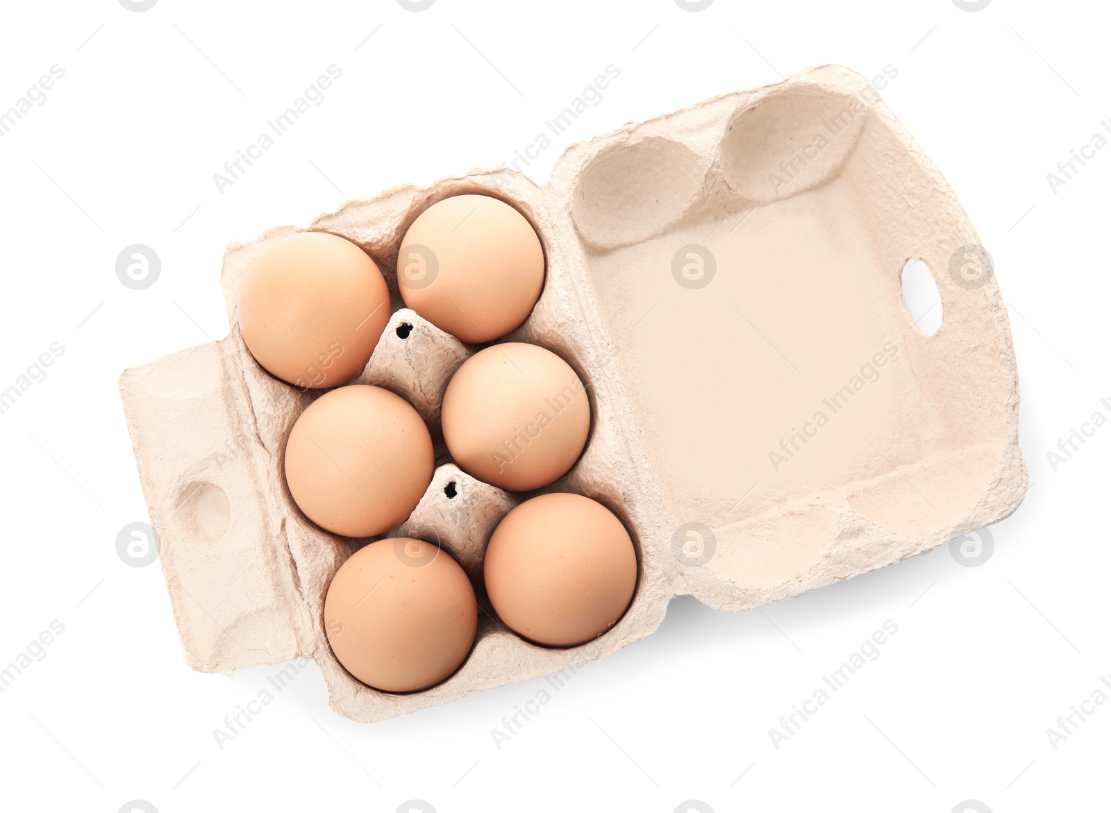 Photo of Carton of raw chicken eggs on white background, top view