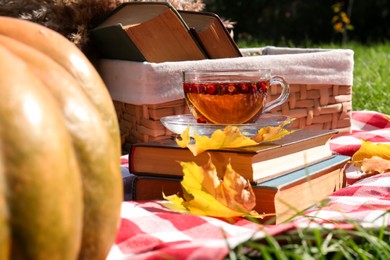 Photo of Books and tea with hawthorn berries outdoors. Autumn atmosphere