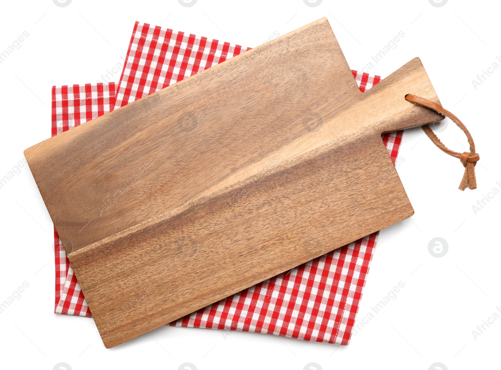 Photo of Empty wooden board and checkered napkin isolated on white, top view