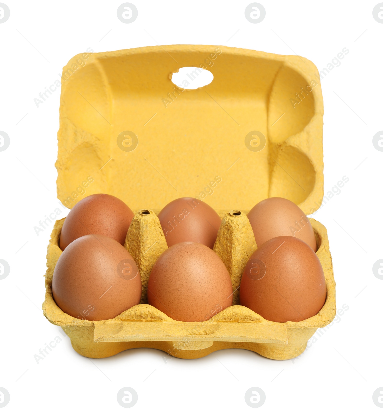 Photo of Chicken eggs in carton isolated on white