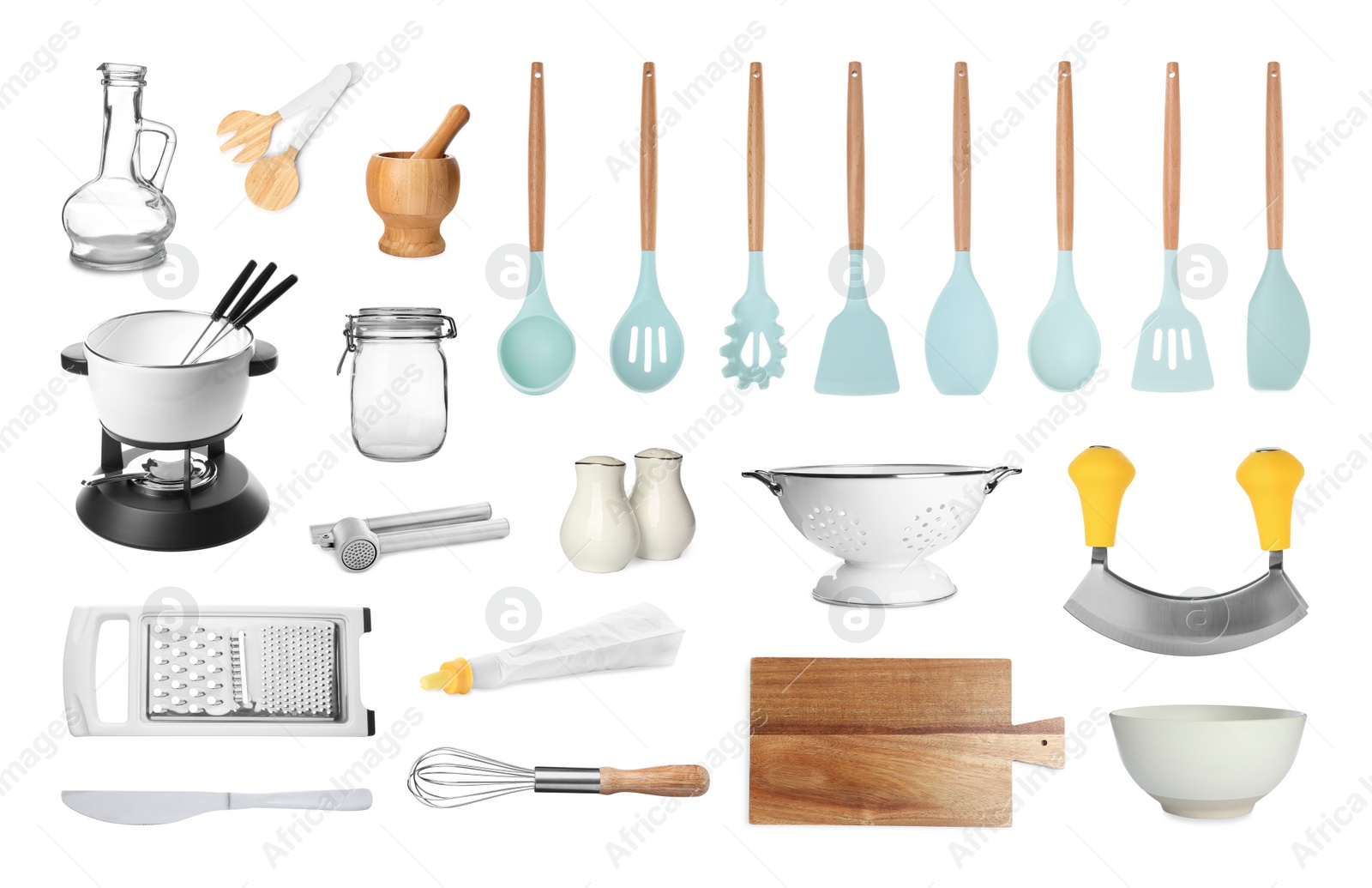 Image of Set with different kitchenware on white background 