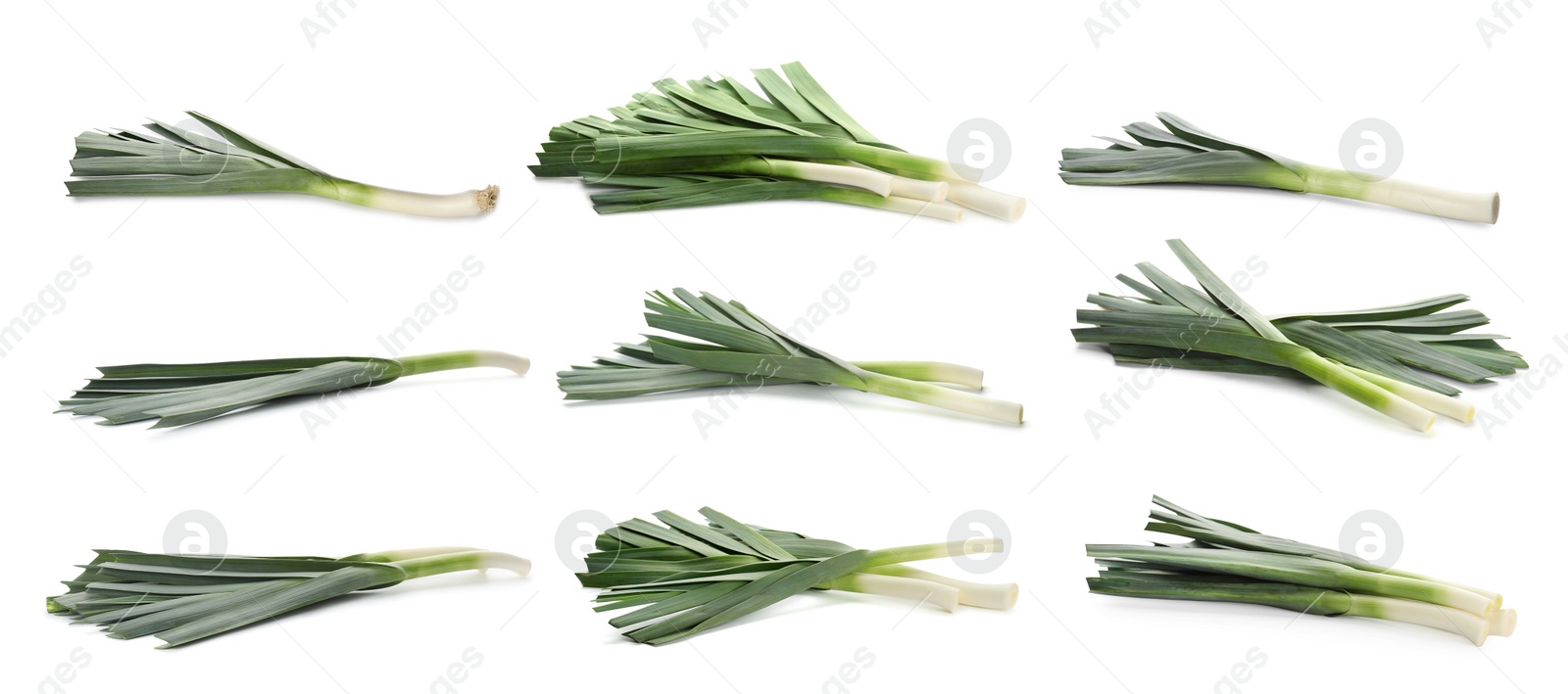 Image of Set with fresh raw leeks on white background. Banner design