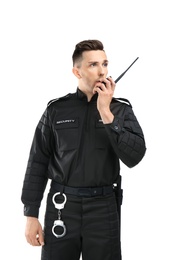 Photo of Male security guard using portable radio transmitter on white background