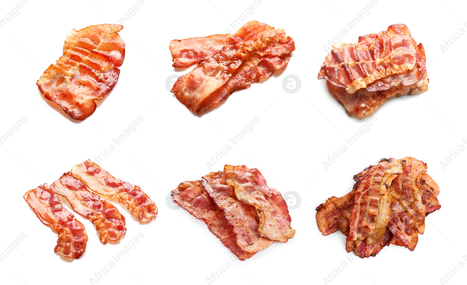 Image of Set with tasty fried bacon slices on white background