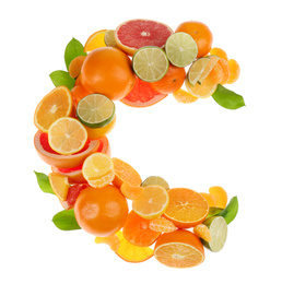 Letter C made with citrus fruits on white background as vitamin representation, top view