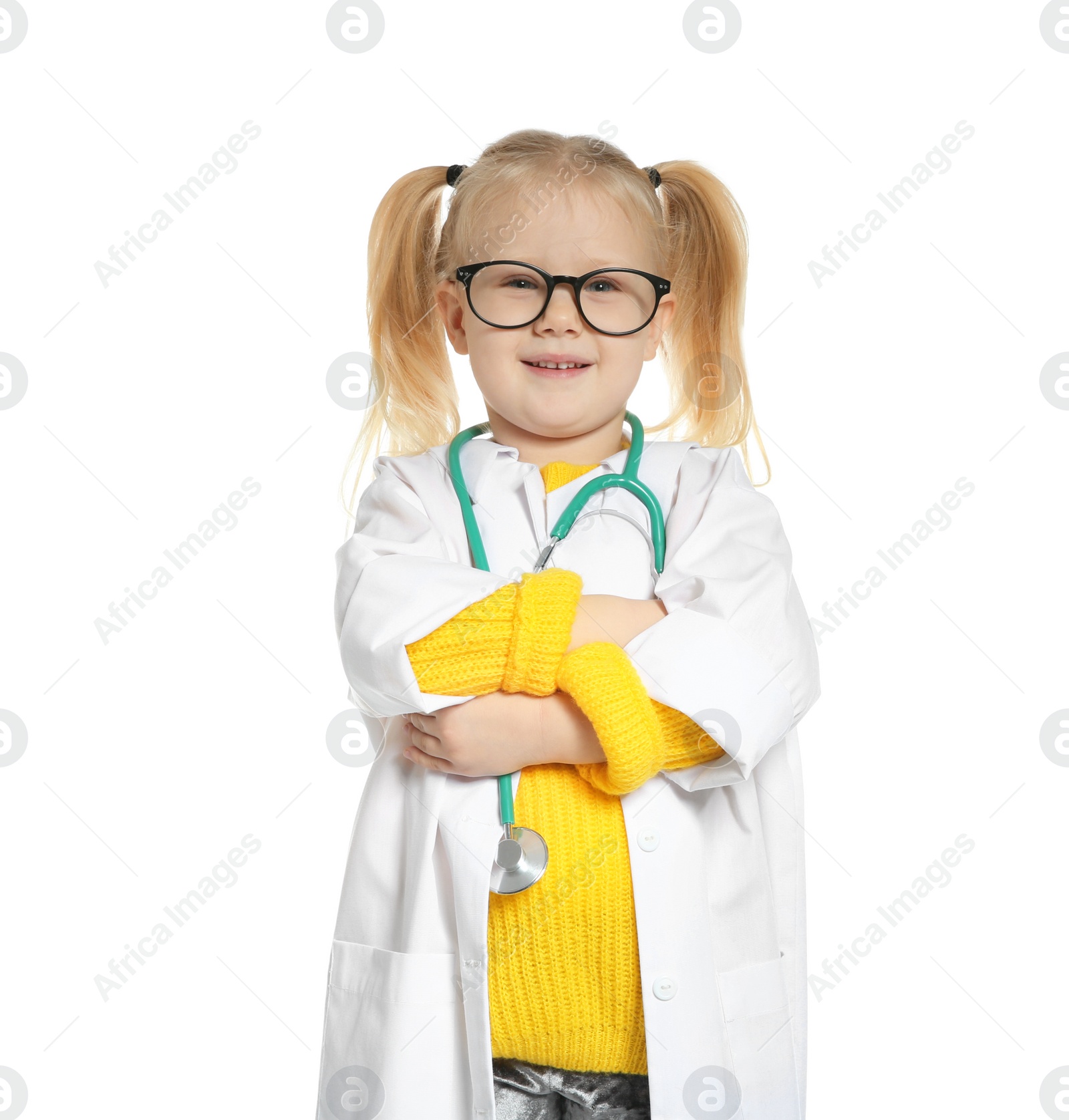 Photo of Cute little child in doctor coat with stethoscope on white background