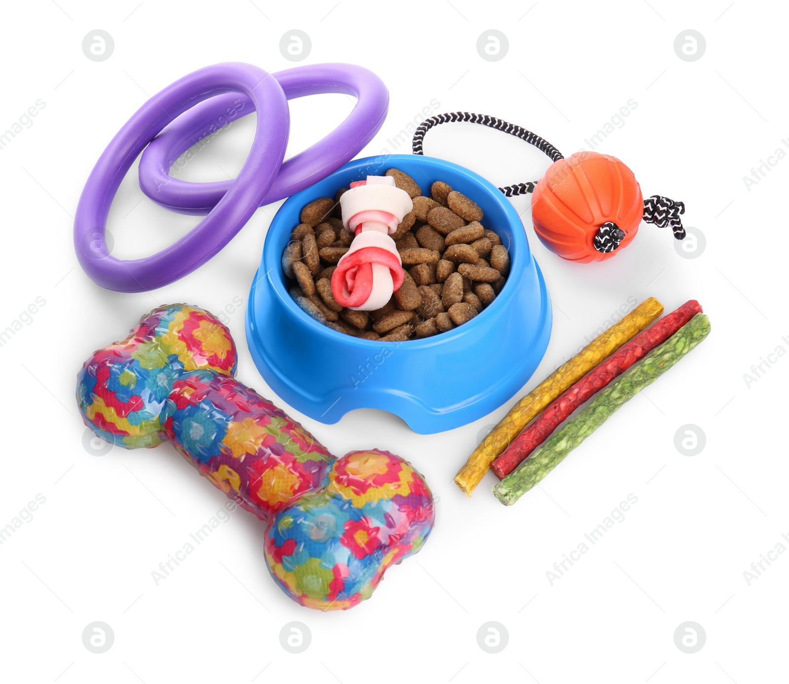 Photo of Different pet food and accessories isolated on white. Shop assortment