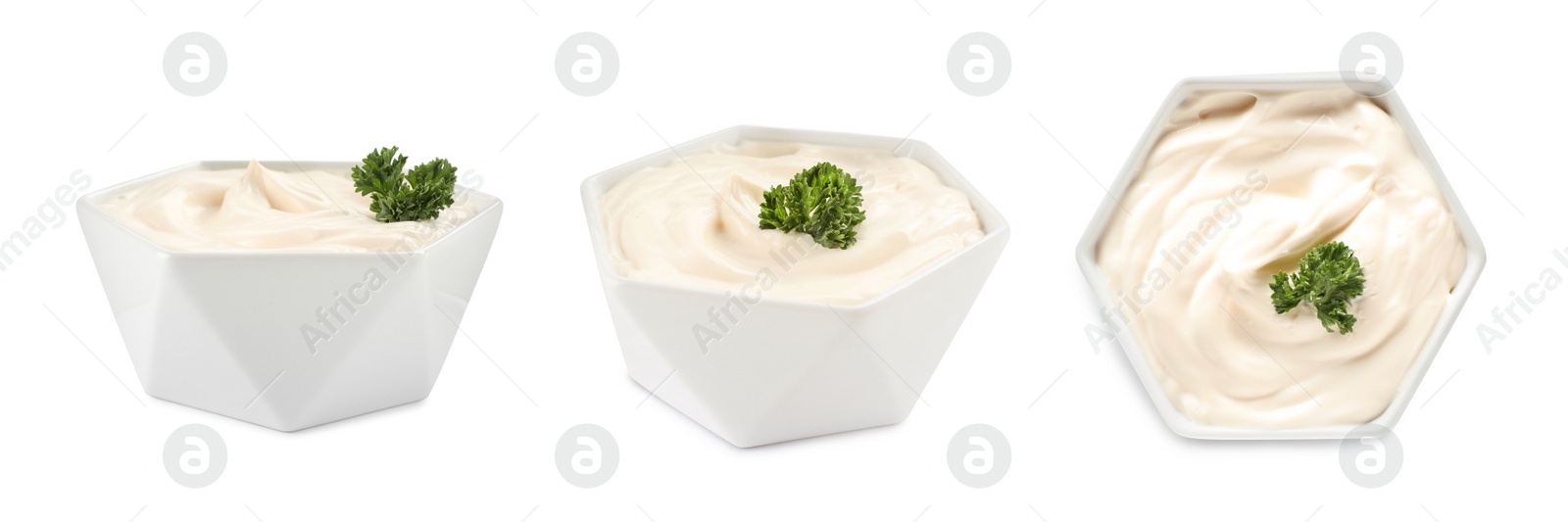 Image of Set with tasty mayonnaise on white background. Banner design