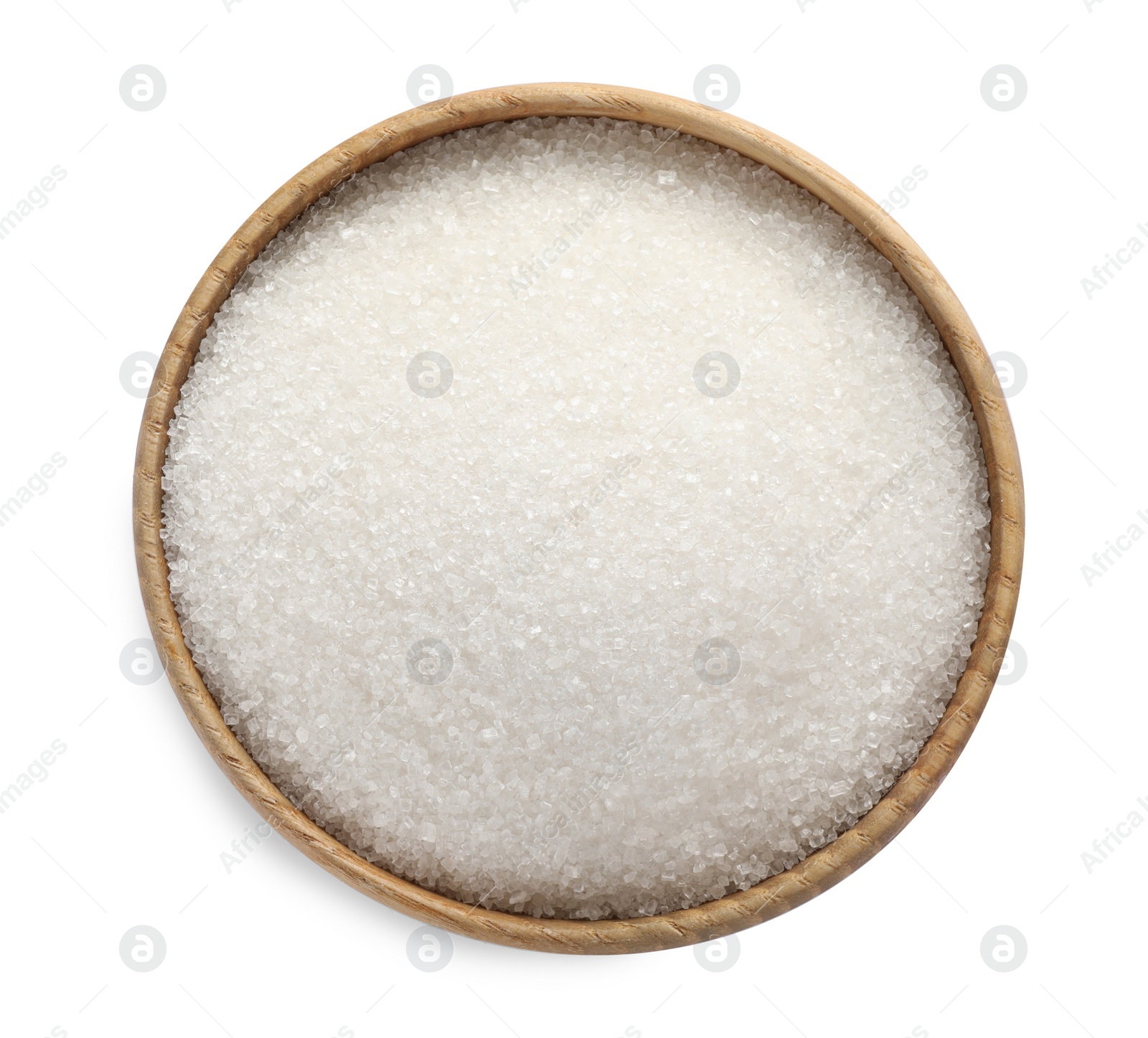 Photo of Granulated sugar in wooden bowl isolated on white, top view