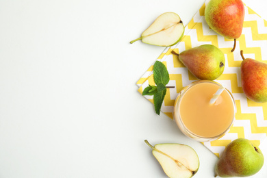 Tasty pear juice and fruits on white table, flat lay. Space for text