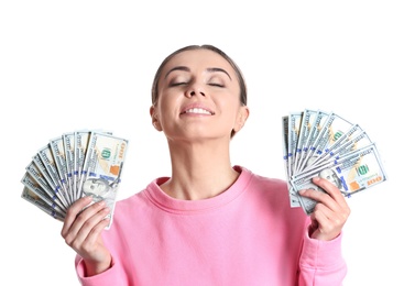 Photo of Portrait of young woman holding money banknotes on white background