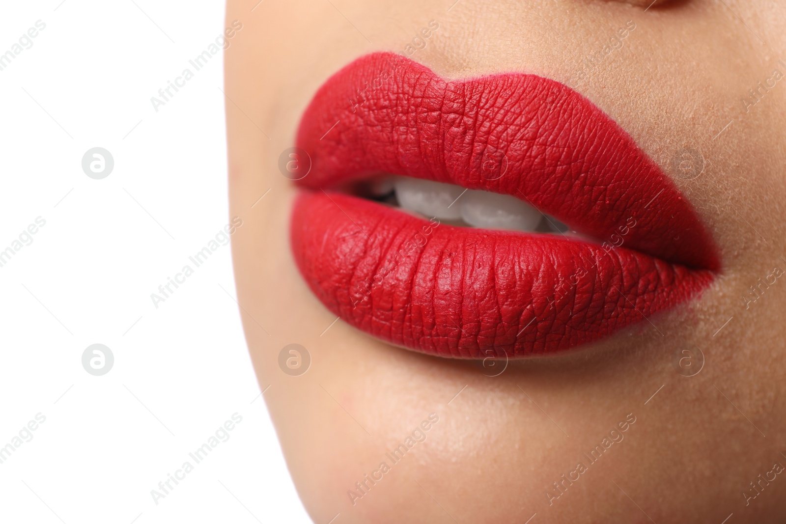 Photo of Woman with red lipstick on white background, closeup