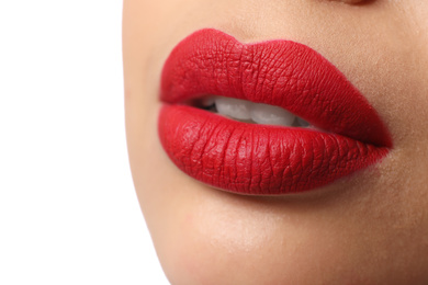 Woman with red lipstick on white background, closeup