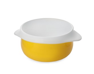 Photo of Plastic bowl on white background. Serving baby food