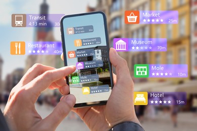 Image of Tourist using online guide application on smartphone for navigation in city, closeup 