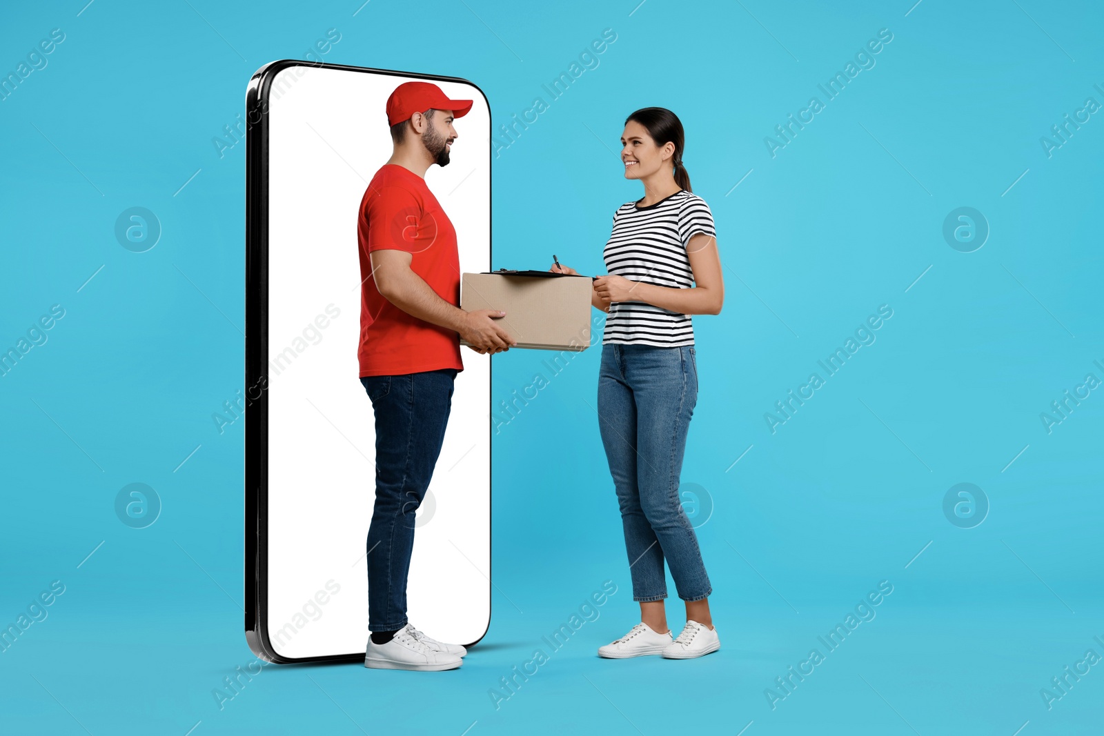 Image of Courier delivering parcel to woman near huge smartphone on light blue background