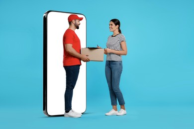 Image of Courier delivering parcel to woman near huge smartphone on light blue background