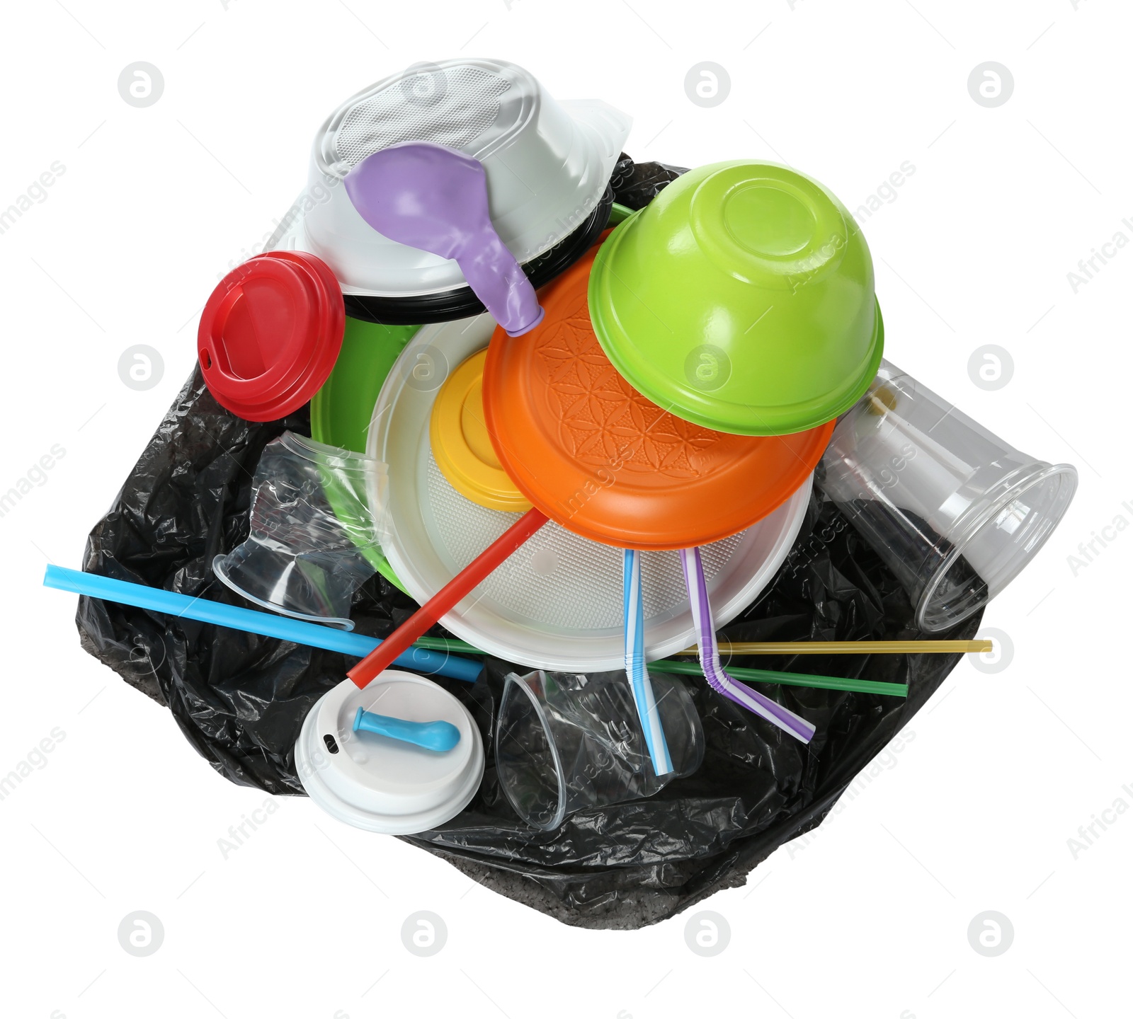 Photo of Pile of different plastic items on white background