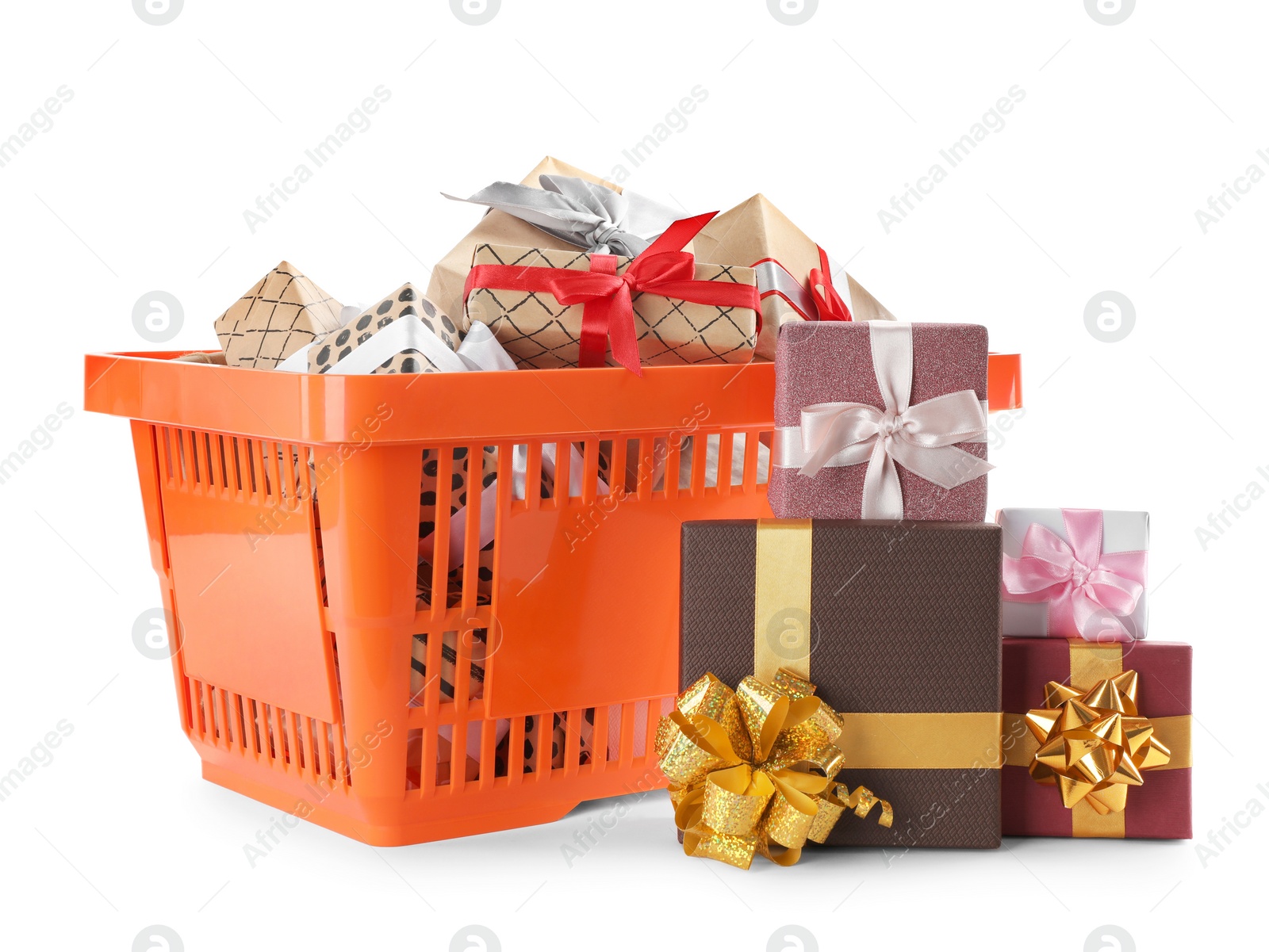 Photo of Orange shopping basket with different gifts on white background