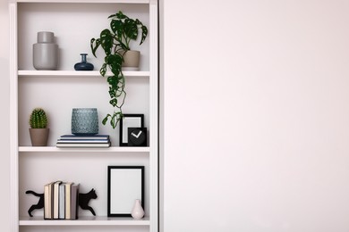 Photo of Interior design. Shelves with stylish accessories, potted plants and frame near white wall. Space for text
