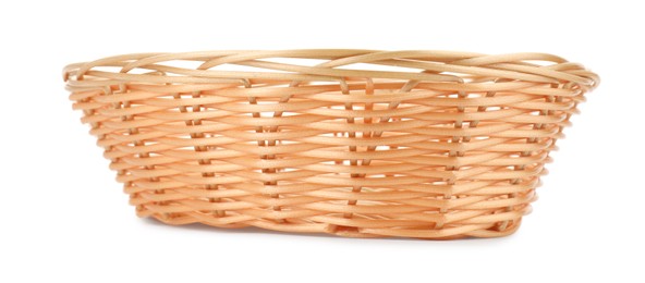 Photo of One empty wicker bread basket isolated on white