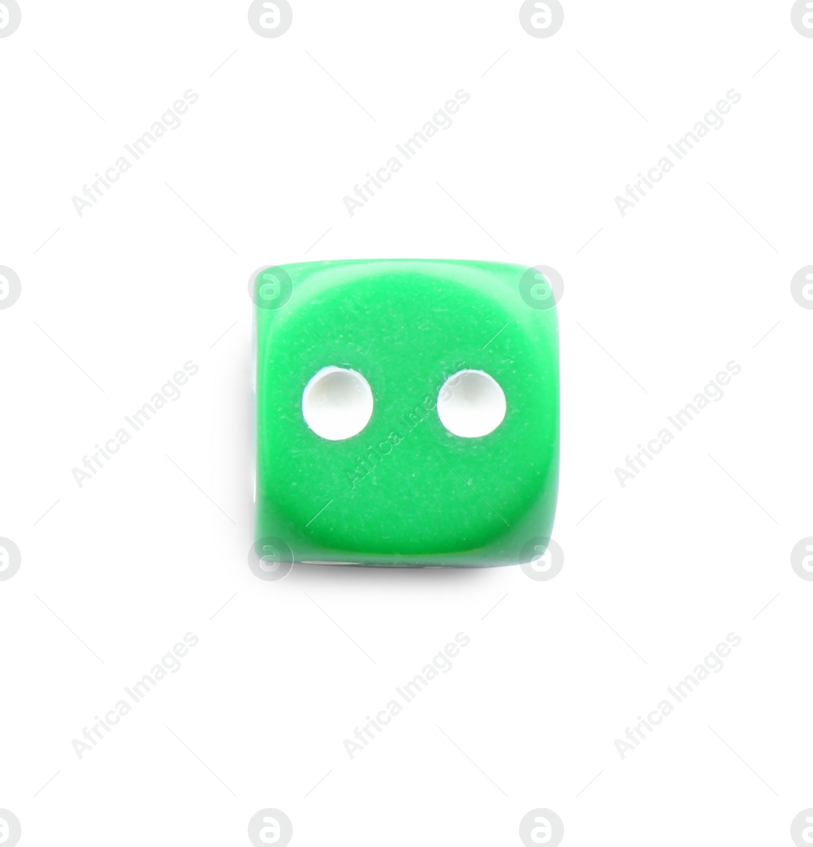 Photo of One green game dice isolated on white, top view