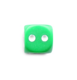Photo of One green game dice isolated on white, top view
